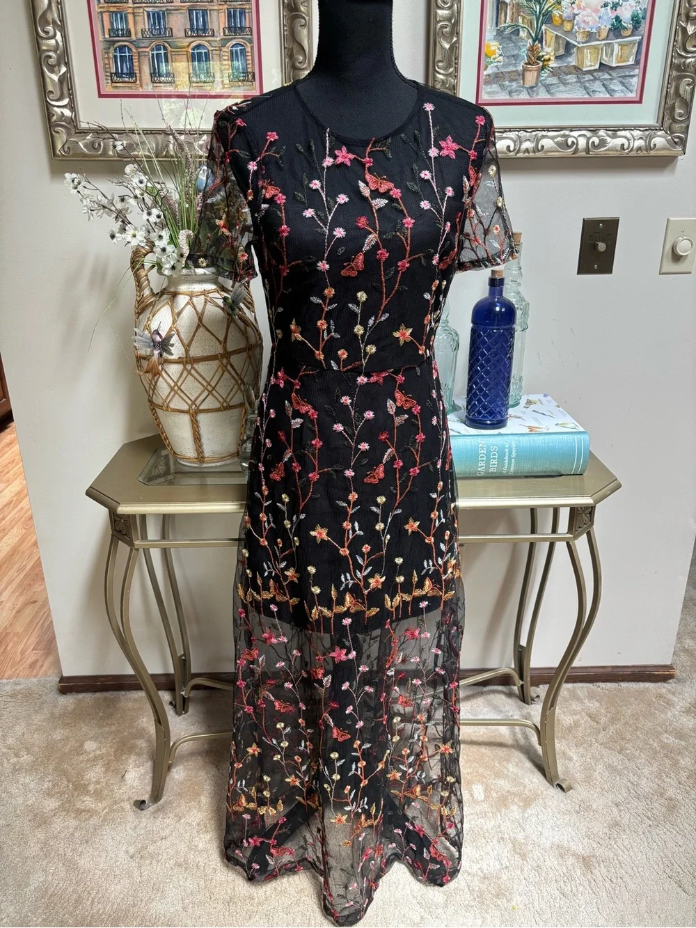 Floral Embroidered Black Maxi Dress with Sheer Overlay - Picture 2 of 15